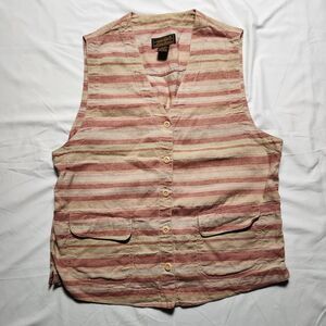 Eddie Bauer Womens Medium Striped Linen Vest Tan Red